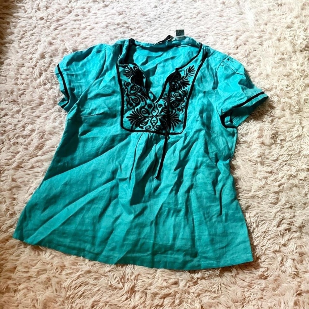 100% Linen Heritage Tribal Boho Hippie Top Womens L Granola Embroidered Festival